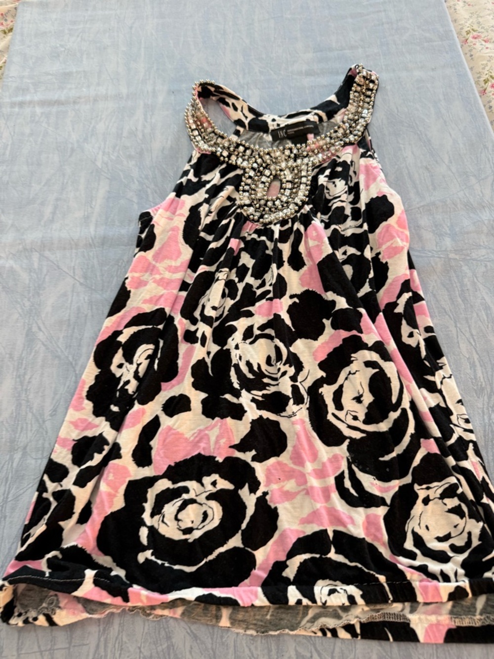 INC International Concepts Pink, Black, Cream Beaded-Neck Floral Top